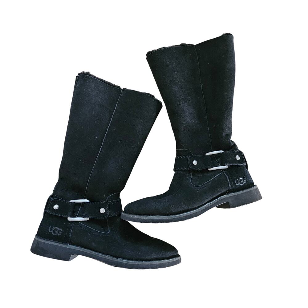UGG Women's Simmens Black Suede Leather Harness Buckle Zip Boots Size 8.5